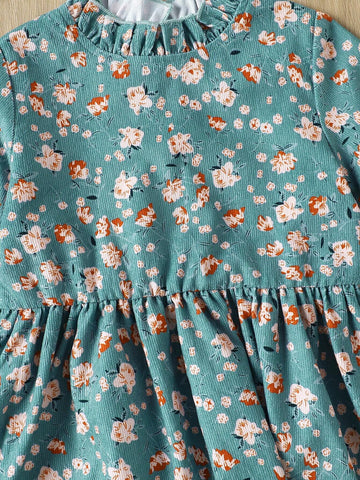 2pcs Girls Retro Ditsy Floral Corduroy High Neck Long Sleeve Ruffle Hem Dress & Textured Knit Camisole Set