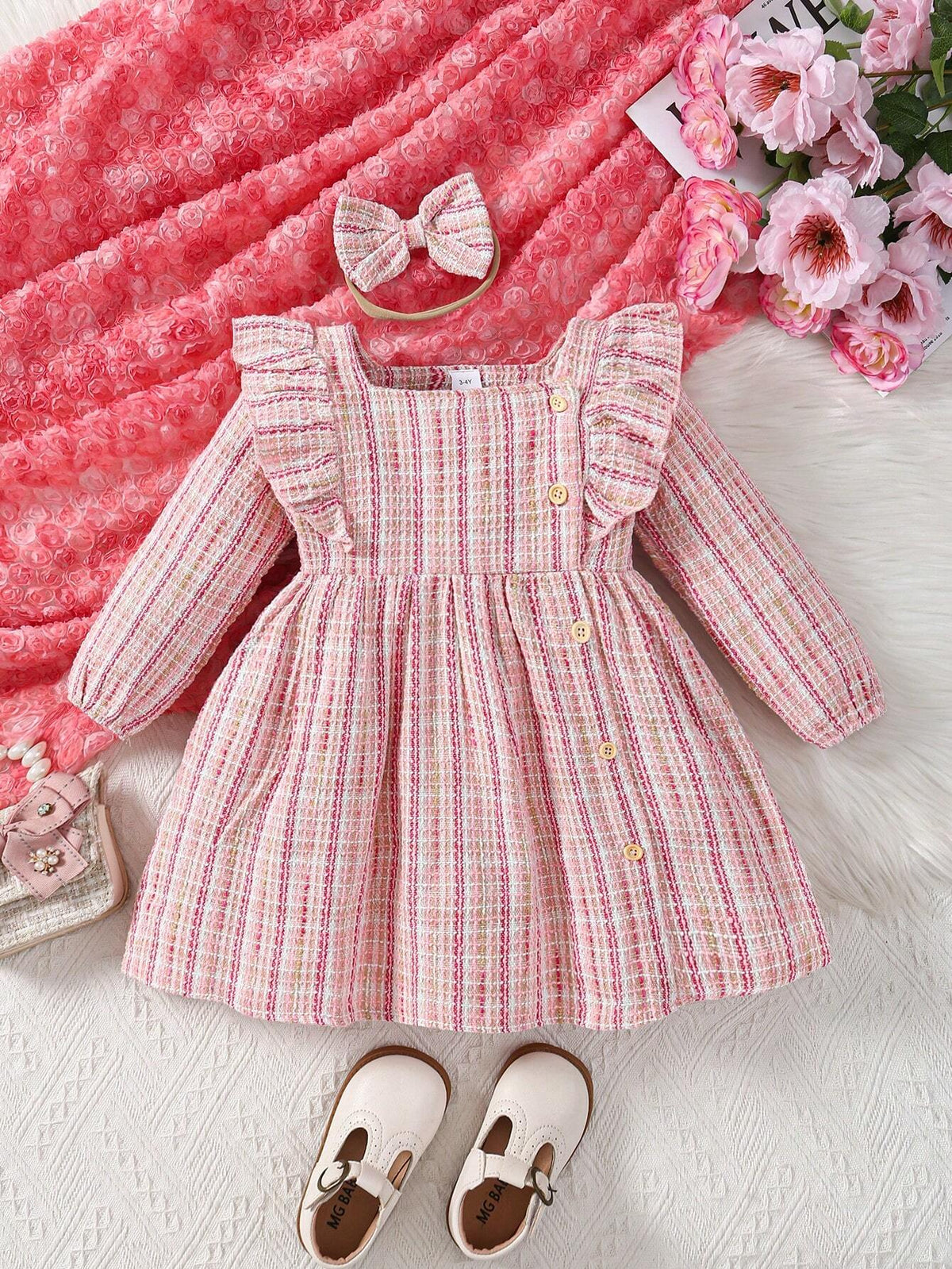 2pcs Girls Ruffle Collar Long Sleeve Dress With Bow Headband Set, Pink
