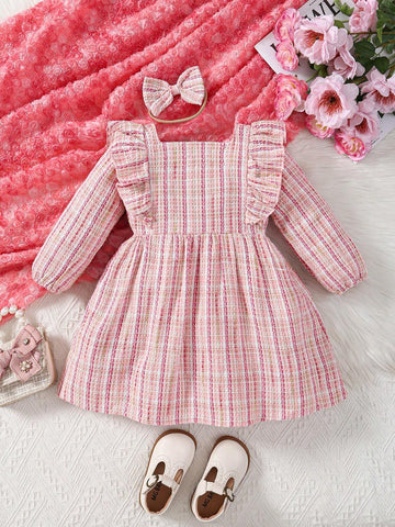 2pcs Girls Ruffle Collar Long Sleeve Dress With Bow Headband Set, Pink