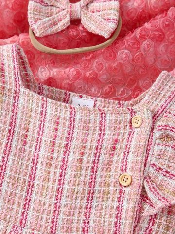 2pcs Girls Ruffle Collar Long Sleeve Dress With Bow Headband Set, Pink