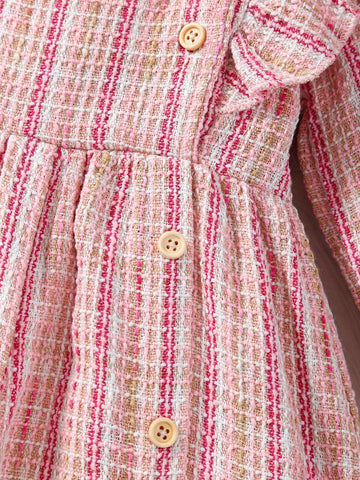 2pcs Girls Ruffle Collar Long Sleeve Dress With Bow Headband Set, Pink