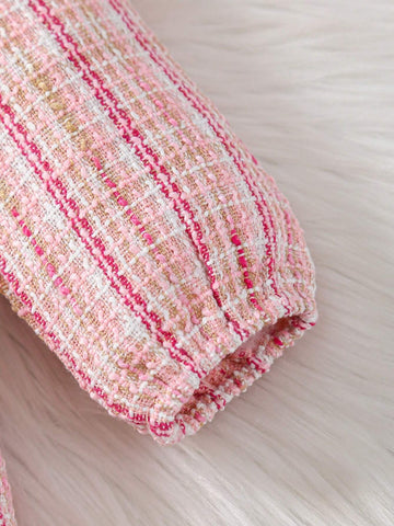 2pcs Girls Ruffle Collar Long Sleeve Dress With Bow Headband Set, Pink