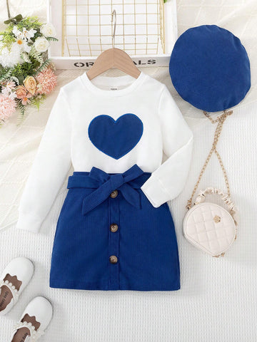 2pcs Girls (Small) Round Neck Long Sleeve Heart Pattern Minimalist Blouse And Front Tie Skirt Set