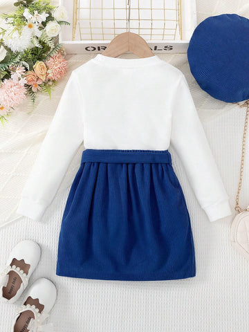 2pcs Girls (Small) Round Neck Long Sleeve Heart Pattern Minimalist Blouse And Front Tie Skirt Set