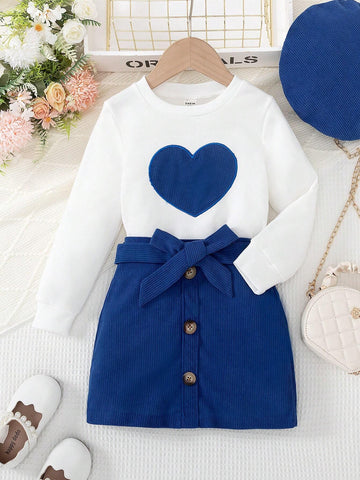 2pcs Girls (Small) Round Neck Long Sleeve Heart Pattern Minimalist Blouse And Front Tie Skirt Set