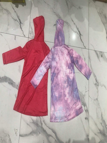 2pcs Girls Solid Color Cartoon Girl Print Hooded Long Sleeve Dress Set, Autumn/Winter