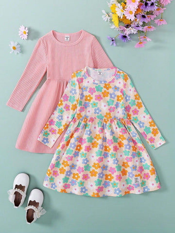 2pcs Girls Solid Floral Detailed Long Sleeve Ruffle Dress Set, Spring & Autumn