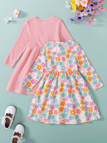 2pcs Girls Solid Floral Detailed Long Sleeve Ruffle Dress Set, Spring & Autumn
