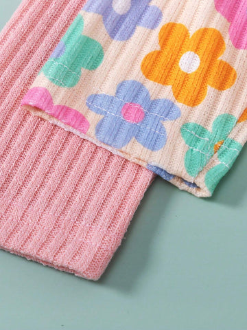 2pcs Girls Solid Floral Detailed Long Sleeve Ruffle Dress Set, Spring & Autumn