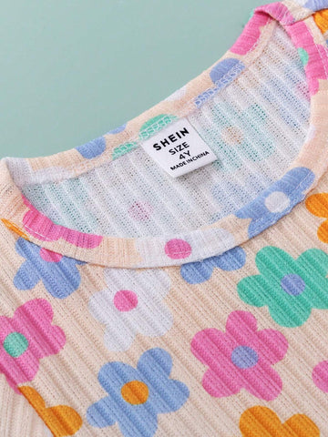 2pcs Girls Solid Floral Detailed Long Sleeve Ruffle Dress Set, Spring & Autumn