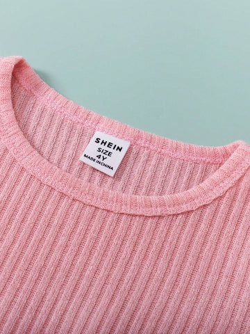 2pcs Girls Solid Floral Detailed Long Sleeve Ruffle Dress Set, Spring & Autumn