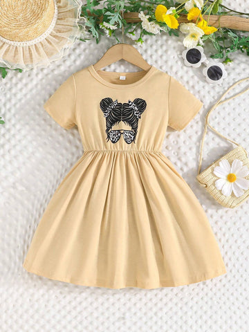 2pcs Girls Spring/Summer Leopard Print & Girl Graphic Dress Set, Short Sleeve Summer Girl's Dress