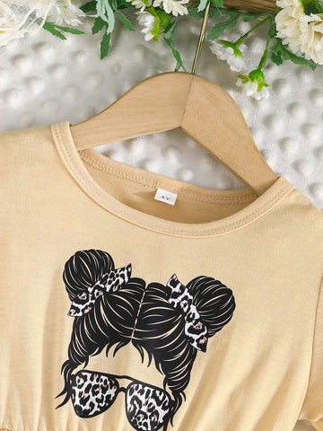 2pcs Girls Spring/Summer Leopard Print & Girl Graphic Dress Set, Short Sleeve Summer Girl's Dress