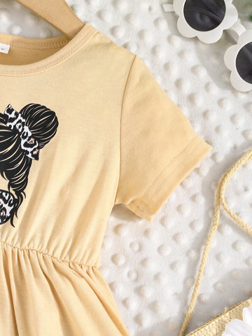 2pcs Girls Spring/Summer Leopard Print & Girl Graphic Dress Set, Short Sleeve Summer Girl's Dress