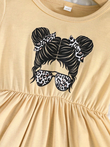 2pcs Girls Spring/Summer Leopard Print & Girl Graphic Dress Set, Short Sleeve Summer Girl's Dress
