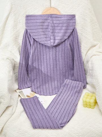 2pcs Girls Striped Hoodies Top And Pant Set