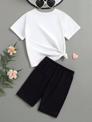 2pcs Girls' Summer Fashionable Outdoor Casual Leopard Print Heart & Letter Printed Short Sleeve T-Shirt, Round Neck Summer Clothes, Comfortable And Breathable For Kids Summer Vacation