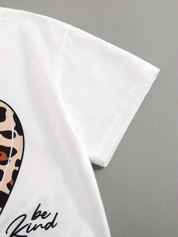 2pcs Girls' Summer Fashionable Outdoor Casual Leopard Print Heart & Letter Printed Short Sleeve T-Shirt, Round Neck Summer Clothes, Comfortable And Breathable For Kids Summer Vacation
