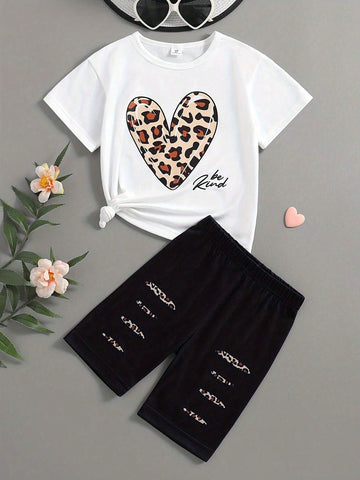 2pcs Girls' Summer Fashionable Outdoor Casual Leopard Print Heart & Letter Printed Short Sleeve T-Shirt, Round Neck Summer Clothes, Comfortable And Breathable For Kids Summer Vacation