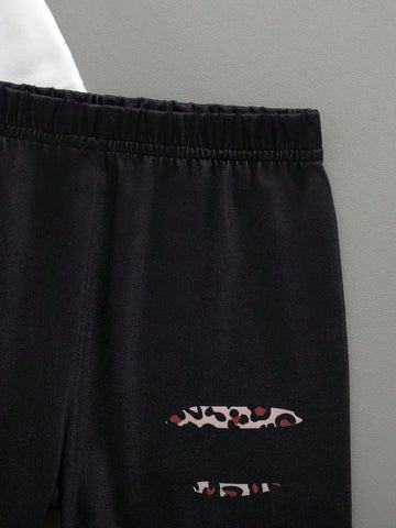 2pcs Girls' Summer Fashionable Outdoor Casual Leopard Print Heart & Letter Printed Short Sleeve T-Shirt, Round Neck Summer Clothes, Comfortable And Breathable For Kids Summer Vacation