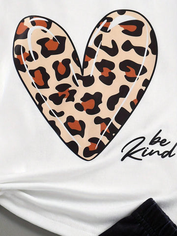 2pcs Girls' Summer Fashionable Outdoor Casual Leopard Print Heart & Letter Printed Short Sleeve T-Shirt, Round Neck Summer Clothes, Comfortable And Breathable For Kids Summer Vacation