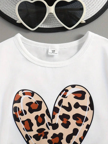 2pcs Girls' Summer Fashionable Outdoor Casual Leopard Print Heart & Letter Printed Short Sleeve T-Shirt, Round Neck Summer Clothes, Comfortable And Breathable For Kids Summer Vacation
