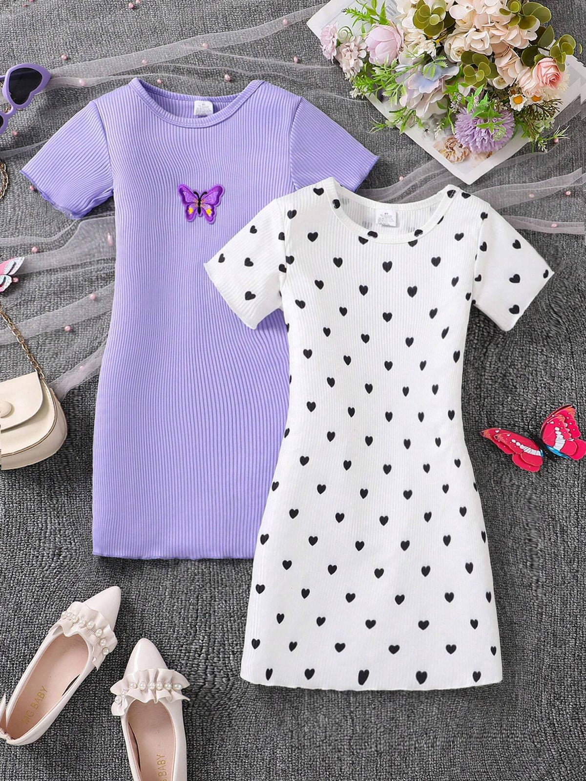 2pcs Girls Summer Set - Girls Heart & Polka Dot Print Dress, Casual & Fashionable, Suitable For Outdoor Activities, Daily Wear