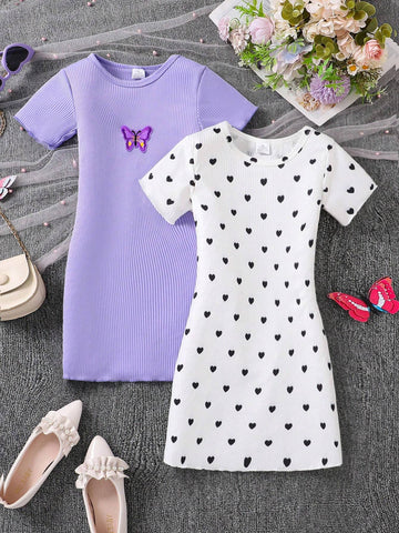 2pcs Girls Summer Set - Girls Heart & Polka Dot Print Dress, Casual & Fashionable, Suitable For Outdoor Activities, Daily Wear