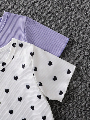 2pcs Girls Summer Set - Girls Heart & Polka Dot Print Dress, Casual & Fashionable, Suitable For Outdoor Activities, Daily Wear