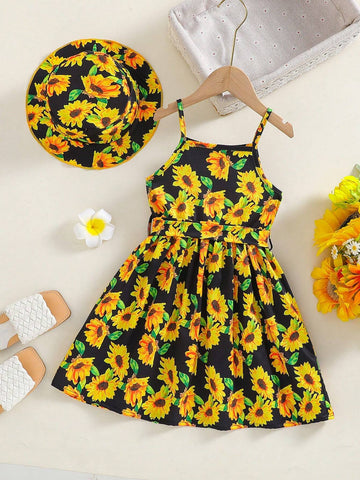 2pcs Young Girl Sunflower & Hawaiian Style Strap Dress With Waist Belt And Hat, Suitable For Festival, Vacation, Beach, Spring And Summer Seasons.