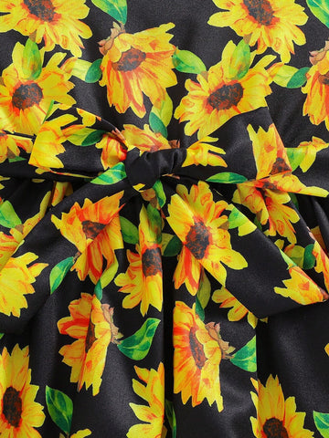 2pcs Young Girl Sunflower & Hawaiian Style Strap Dress With Waist Belt And Hat, Suitable For Festival, Vacation, Beach, Spring And Summer Seasons.