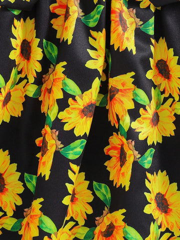 2pcs Young Girl Sunflower & Hawaiian Style Strap Dress With Waist Belt And Hat, Suitable For Festival, Vacation, Beach, Spring And Summer Seasons.