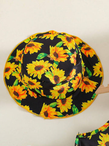 2pcs Young Girl Sunflower & Hawaiian Style Strap Dress With Waist Belt And Hat, Suitable For Festival, Vacation, Beach, Spring And Summer Seasons.