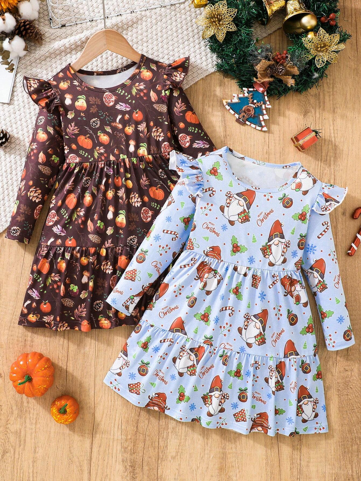 2pcs Girls Thanksgiving + Christmas Lovely Print Cap Sleeve Dress Set