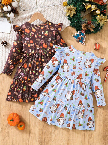 2pcs Girls Thanksgiving + Christmas Lovely Print Cap Sleeve Dress Set