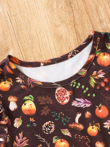 2pcs Girls Thanksgiving + Christmas Lovely Print Cap Sleeve Dress Set