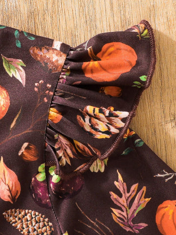 2pcs Girls Thanksgiving + Christmas Lovely Print Cap Sleeve Dress Set