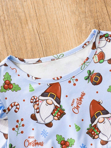 2pcs Girls Thanksgiving + Christmas Lovely Print Cap Sleeve Dress Set