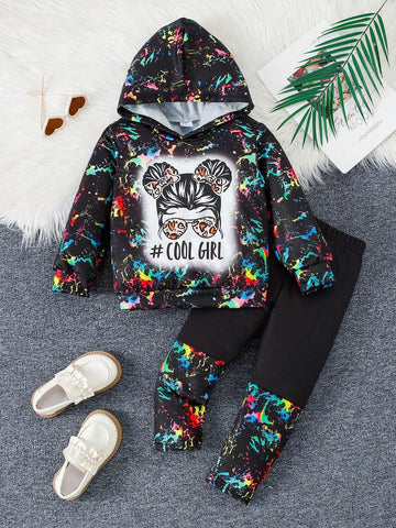 2pcs Girls Tie-Dye Letter & Girl Portrait Printed Hoodie Sweatshirt & Tie-Dye Patchwork Straight Leg Pants Casual Outfit