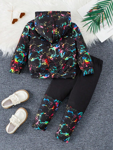 2pcs Girls Tie-Dye Letter & Girl Portrait Printed Hoodie Sweatshirt & Tie-Dye Patchwork Straight Leg Pants Casual Outfit