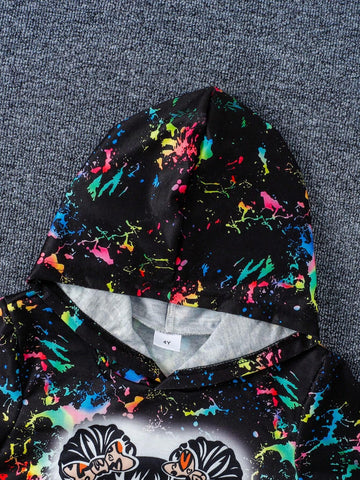 2pcs Girls Tie-Dye Letter & Girl Portrait Printed Hoodie Sweatshirt & Tie-Dye Patchwork Straight Leg Pants Casual Outfit