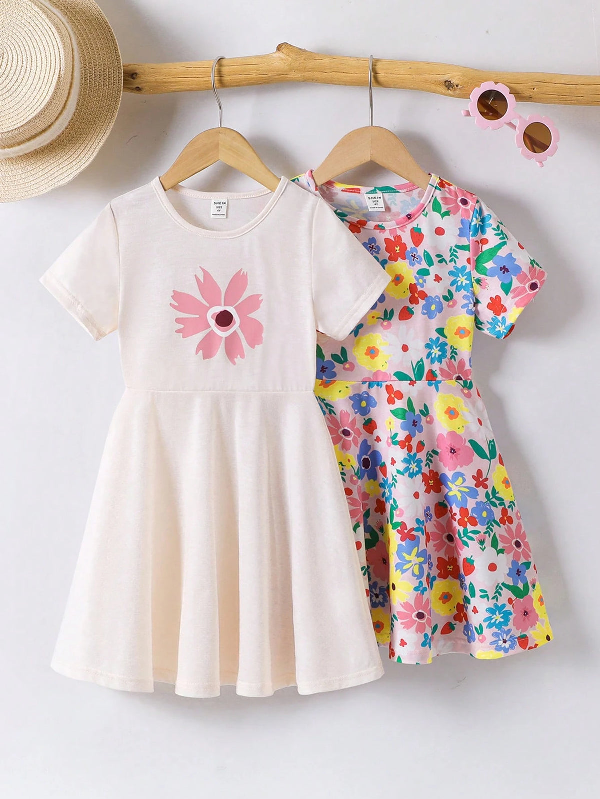 2pcs Girls Toddler Casual Colorful Rainbow Heart Print Short Sleeve Dress, Summer