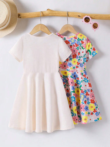 2pcs Girls Toddler Casual Colorful Rainbow Heart Print Short Sleeve Dress, Summer