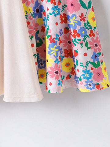 2pcs Girls Toddler Casual Colorful Rainbow Heart Print Short Sleeve Dress, Summer