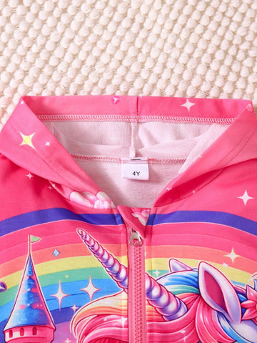 2pcs Girls Unicorn Digital Print Zip-Up Jacket And Pants Set