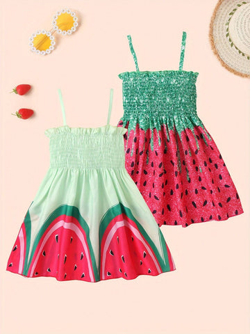 2pcs Girls' Watermelon Print Strappy Sundress, Summer