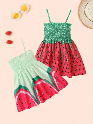 2pcs Girls' Watermelon Print Strappy Sundress, Summer
