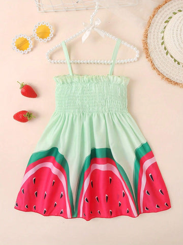 2pcs Girls' Watermelon Print Strappy Sundress, Summer