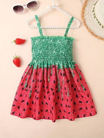 2pcs Girls' Watermelon Print Strappy Sundress, Summer