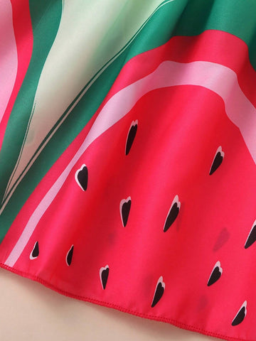 2pcs Girls' Watermelon Print Strappy Sundress, Summer